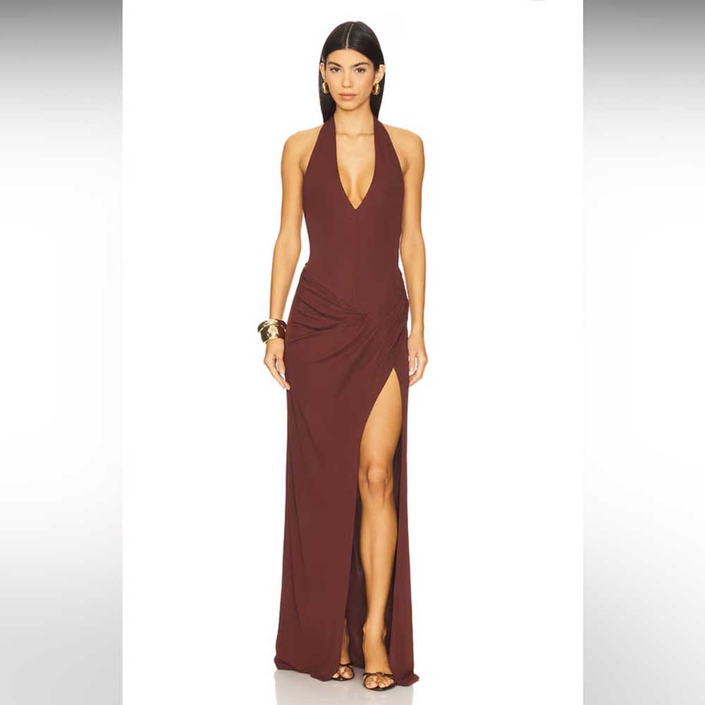 Michael Costello x Revolve Elegant Halter Neck Brown Dress